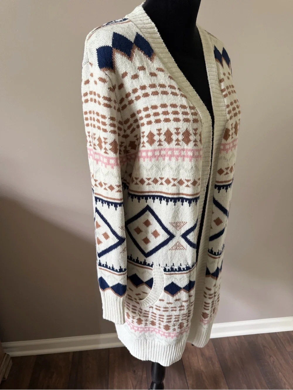 Serra NEW w/Tags Open-Front Ivory Geometric Knit Long Cardigan Sweater Large - Picture 4 of 8